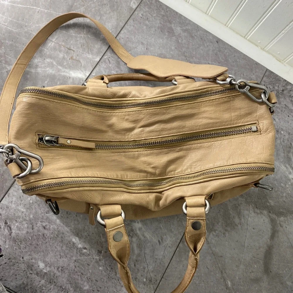 ASH Tan Leather Studded Satchel Crossbody Bag Multi Pocket Gunmetal‎ Hardware